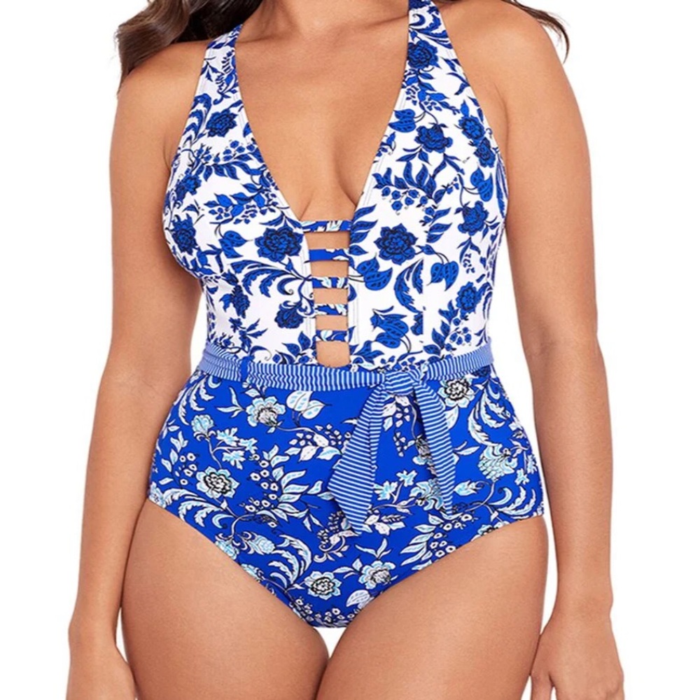NWT Skinny dipper by miracle suit, blue and white floral one piece, size XL